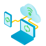 Isometric view of a blue laptop, tablet, and cloud with Wi-Fi symbol, representing cloud computing and data sync for app and website development.
                                    