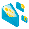  Isometric view of envelopes symbolizing secure document handling, alongside high-quality computers, laptops, and printers for sales and service.
                                    