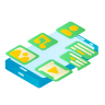 Isometric 3D illustration of a blue server with green file icons, symbolizing e-commerce solutions for cracker shops.
                                    