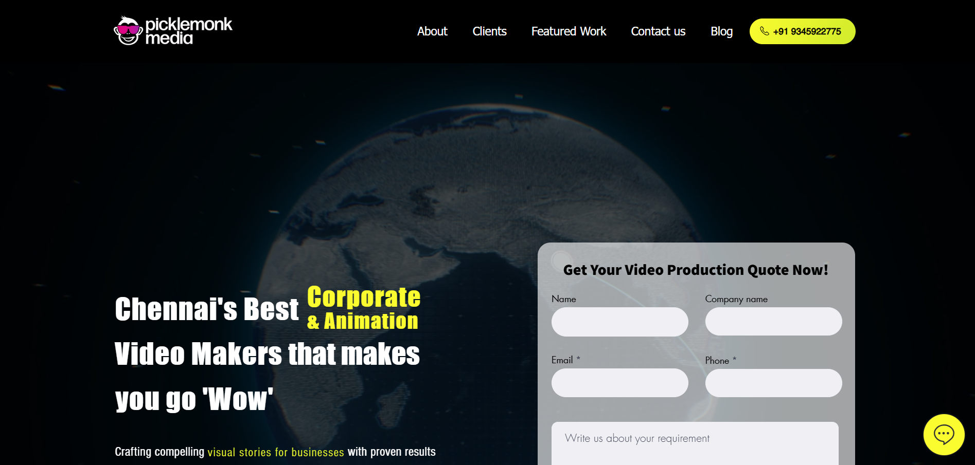 Pickle Monk Media website homepage with a dark theme, world map graphic, and contact form overlay.