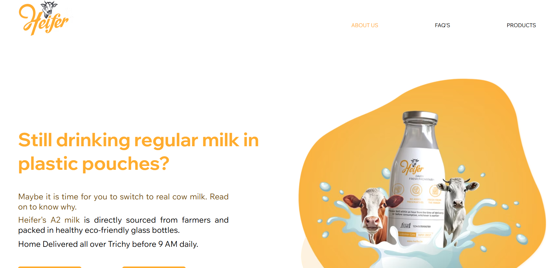Heifer A2 Milk featuring a glass bottle, two cows, and text highlighting its health benefits and eco-friendly qualities