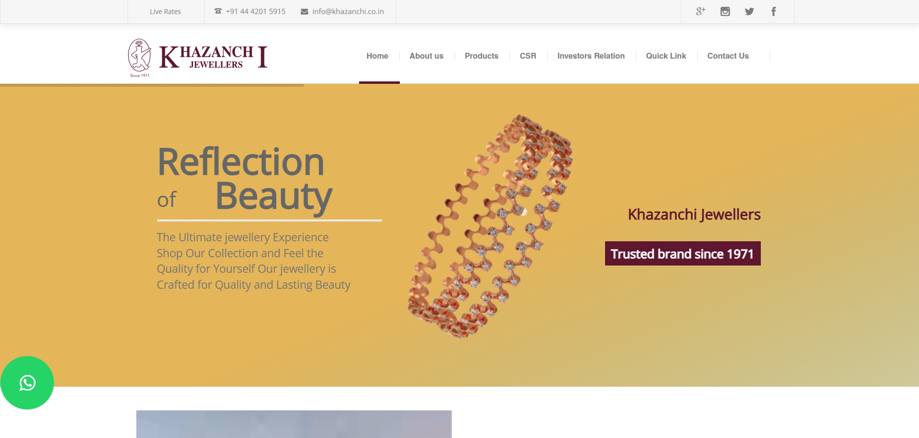 Khazanchi Jewellers' website by Metro Infotech, showcasing a pink banner, gold pendant, and the tagline 'Discover More Elegance.