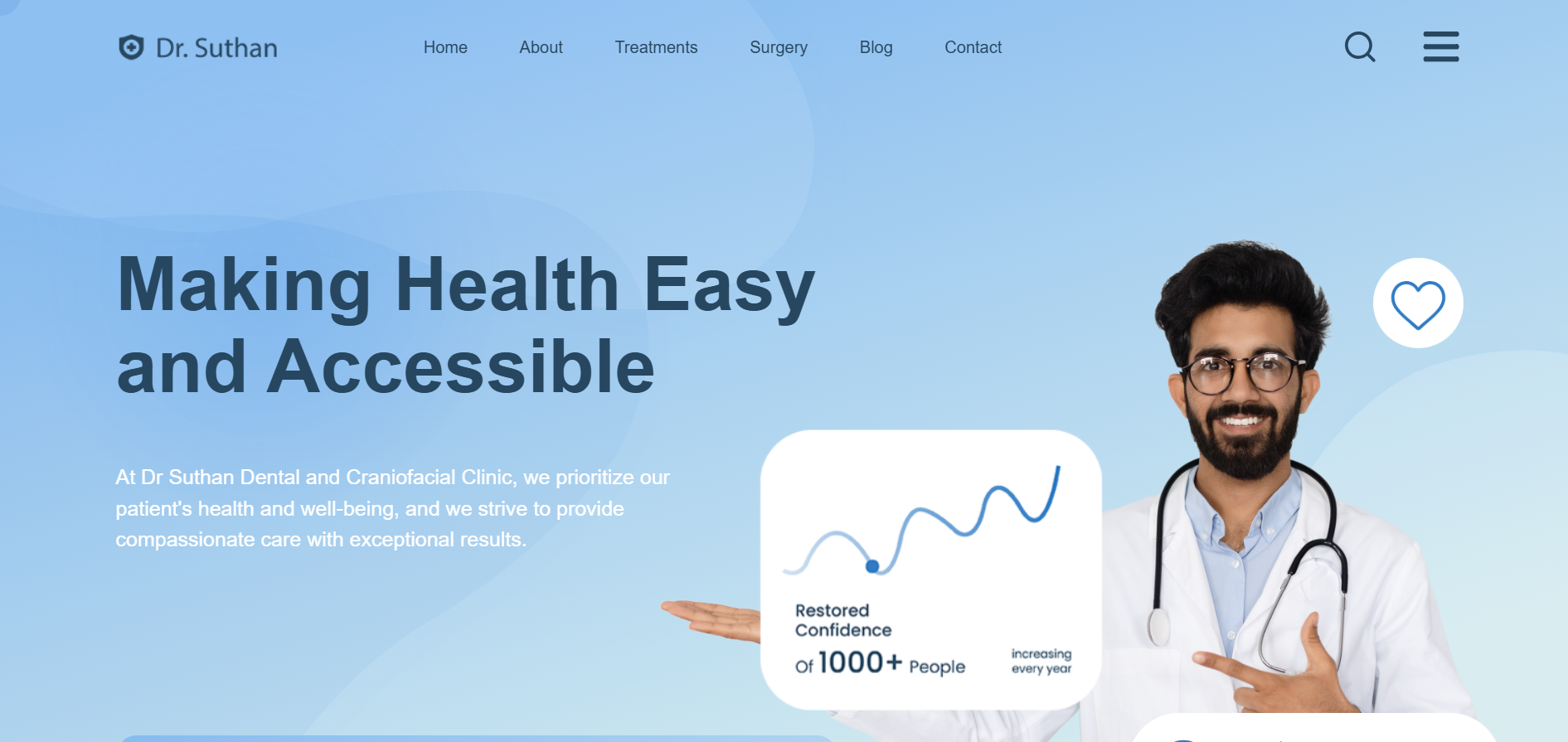 Dr. Suthan's dental clinic website by Metro Infotech, featuring services, doctor's profile, patient testimonials, and contact details, promoting accessible healthcare.